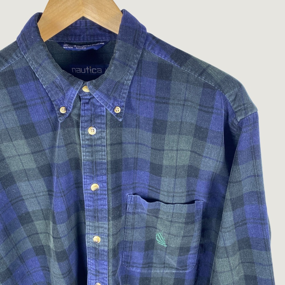 Vintage Nautica Plaid Corduroy Shirt Mens Large L Green Blue Long Sleeve